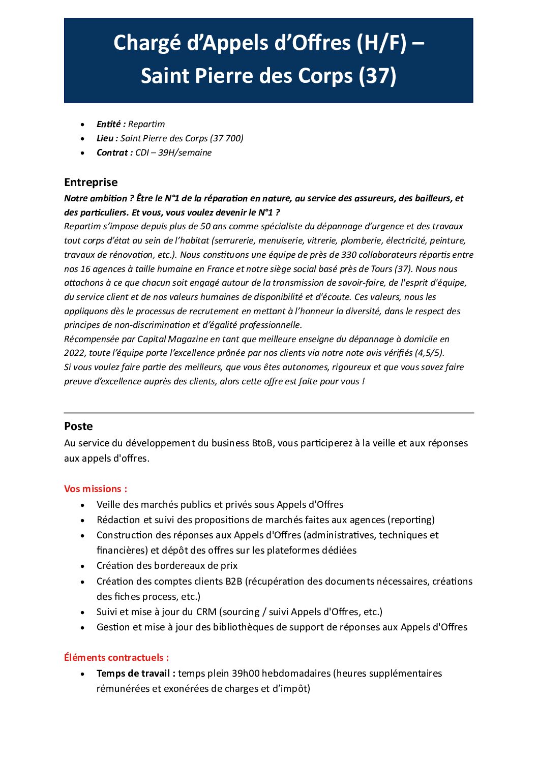 Repartim à Saint Pierre des Corps recherche un chargé d&rsquo;affaires